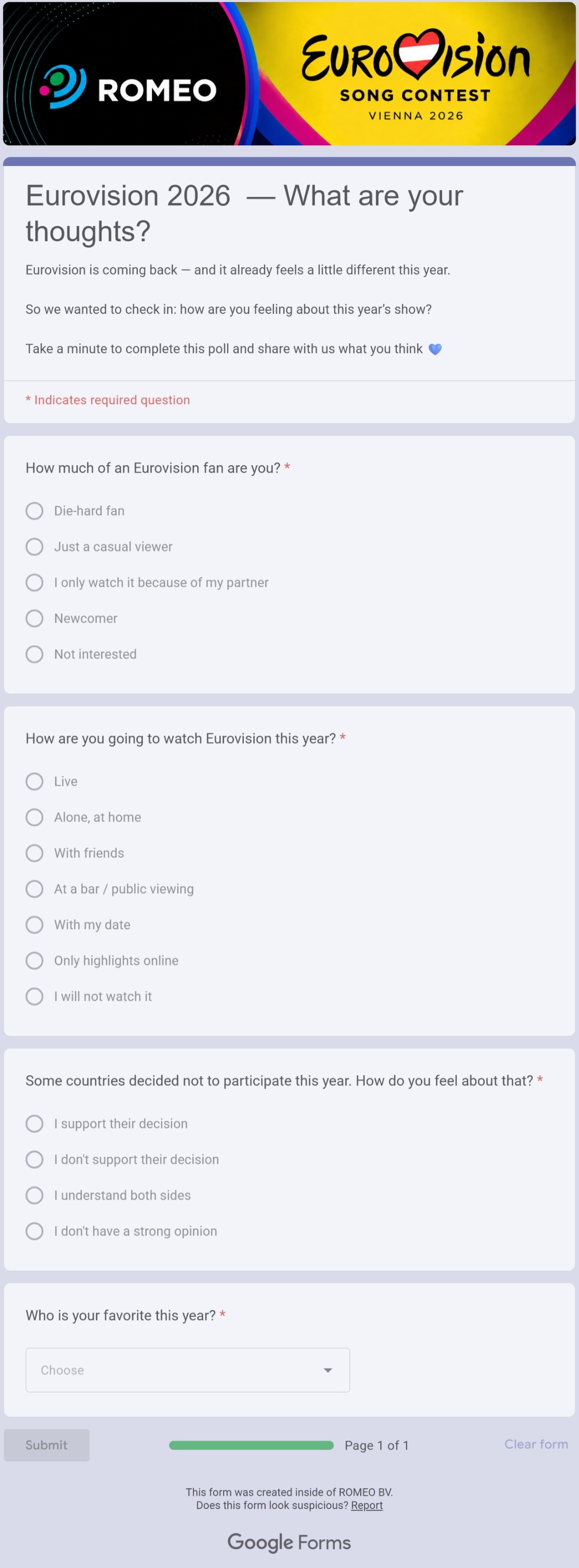 Comprehensive screenshot of the 'Eurovision 2026' survey created by ROMEO BV on Google Forms. The image captures the unauthorized juxtaposition of the official Eurovision Song Contest logo and the ROMEO brand. This asset is displayed strictly for journalistic documentation and evidence-gathering under the Right to Quote (§ 51 UrhG). No commercial cooperation exists between the author and the trademark owners; all intellectual property rights remain with the EBU and ROMEO BV respectively.