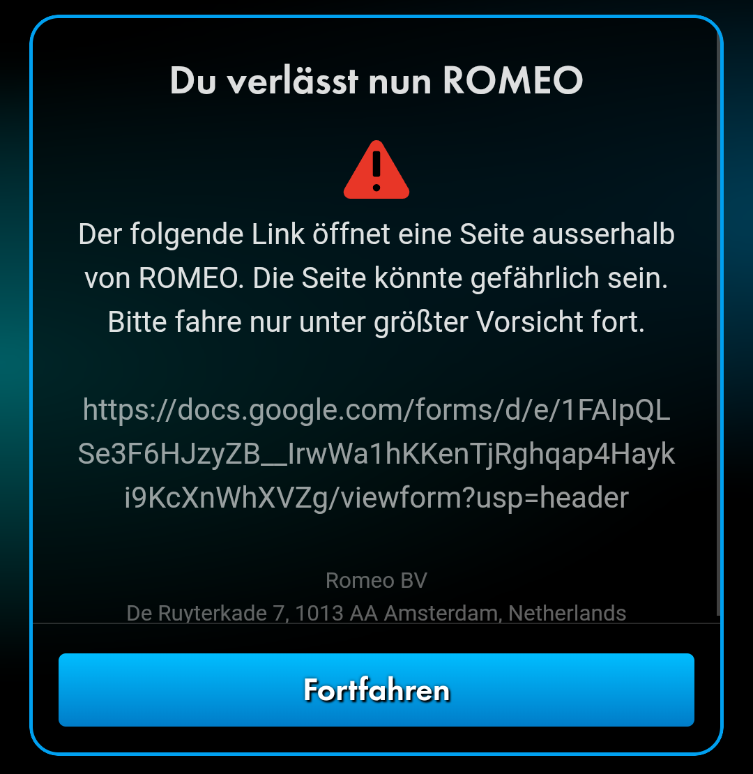Smartphone screenshot showing a red browser security warning. When attempting to access the official ROMEO survey, the system issues a warning about a "dangerous website" that has been reported as unsafe. Technical irony: Security filters classify an internal platform campaign as a threat to its own users.